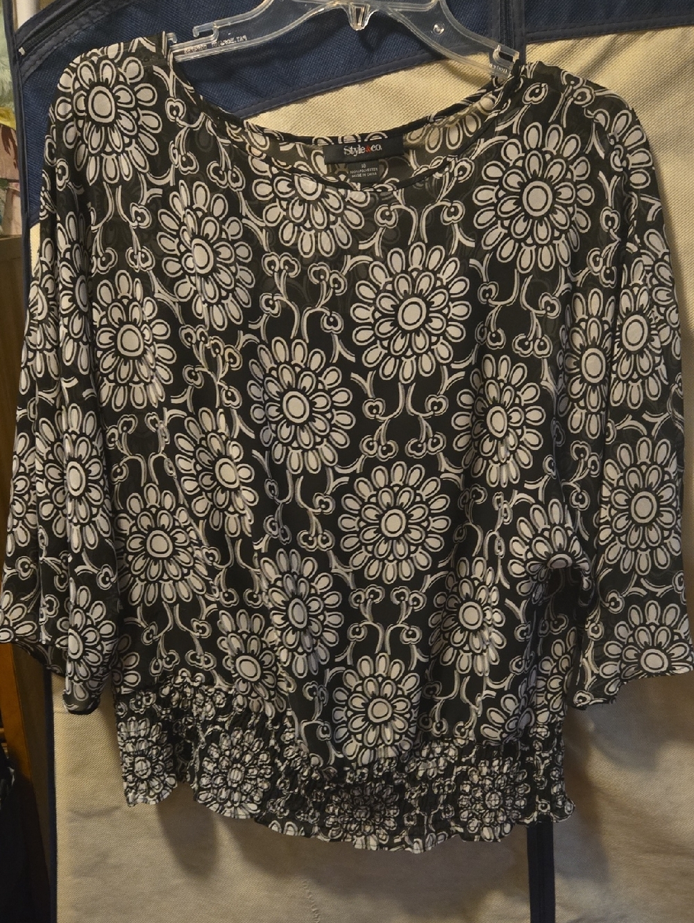 Style & Co. Black & White Floral Smocked-Hem Women's Blouse